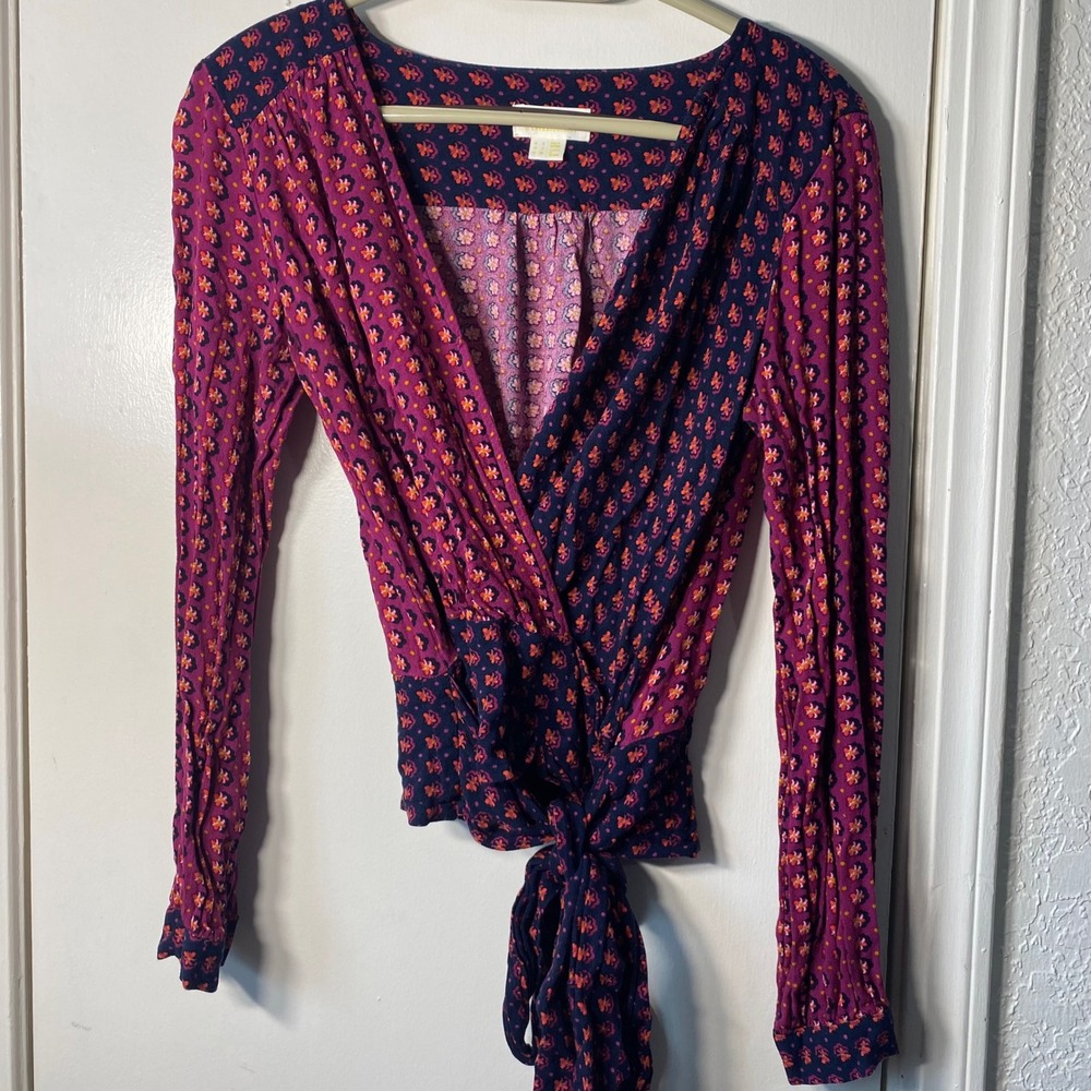 Anthropologie MAEVE Floral Wrap Top Magenta Navy Long Sleeve Size 4